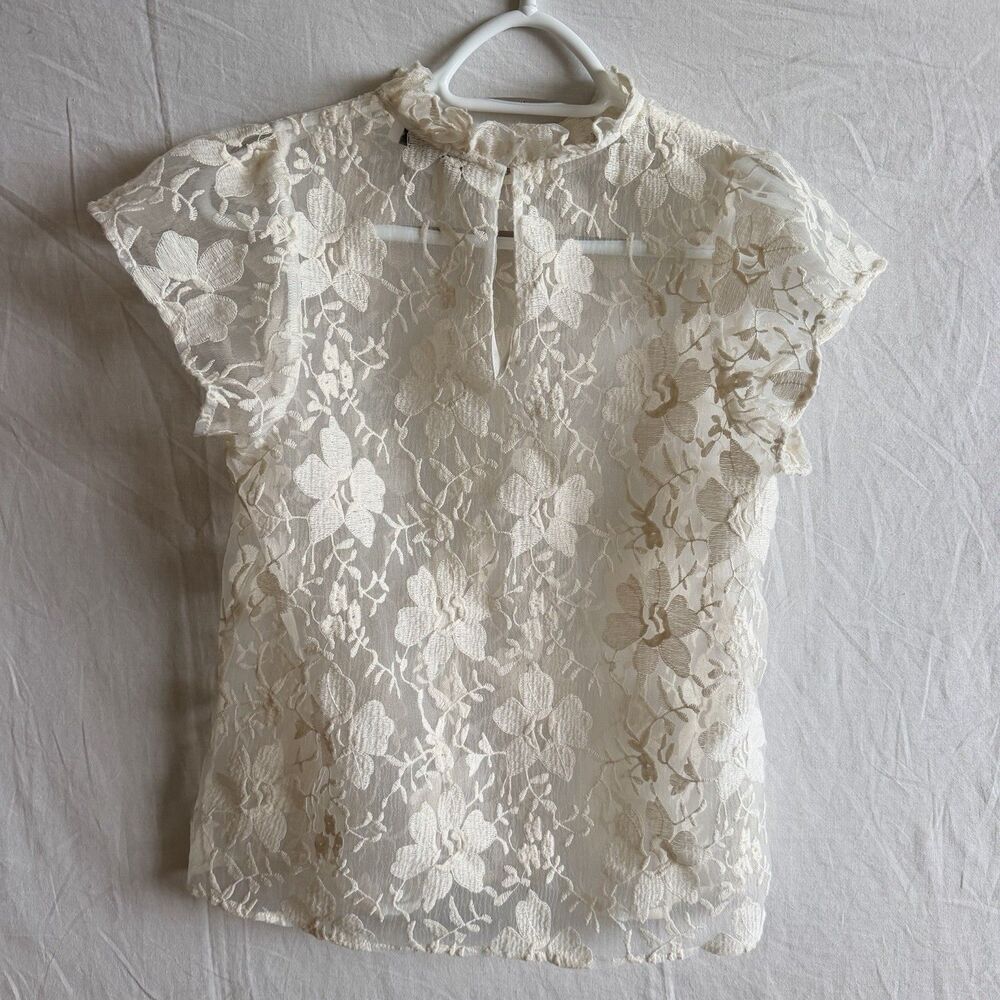 Endless Rose Sheer Floral Embroidered Mesh Blouse Ivory Ruffle Neck Sz S Fairy - Picture 5 of 13